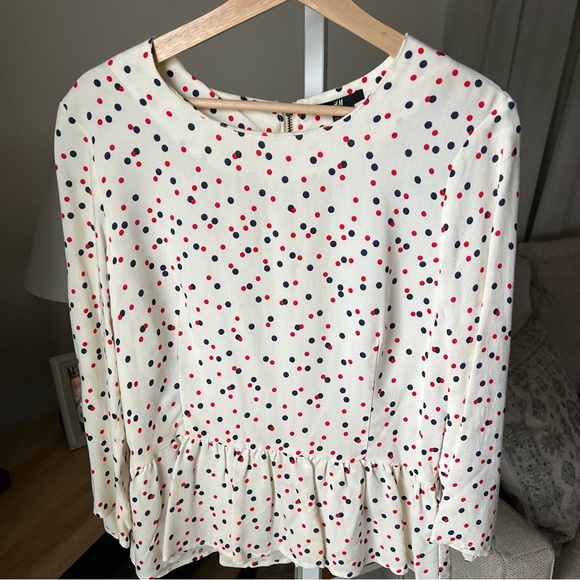 H&M White W/Red, Blue Polka Dot Peplum Blouse Size 10 NWT $24.95 - Picture 1 of 11